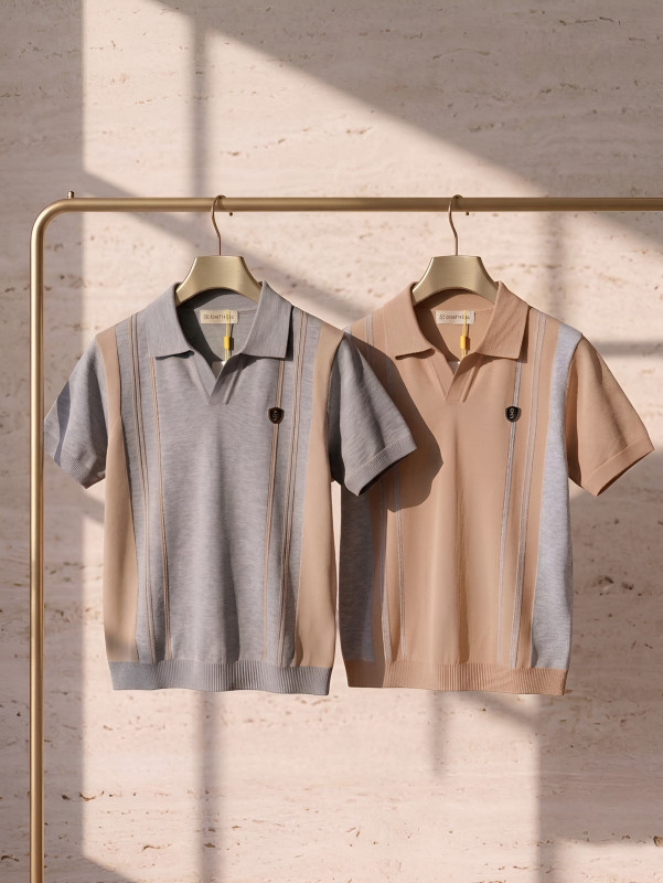 Men's Smart Casual Knitted Polo - Breathable Striped Knitwear two Piece Combo