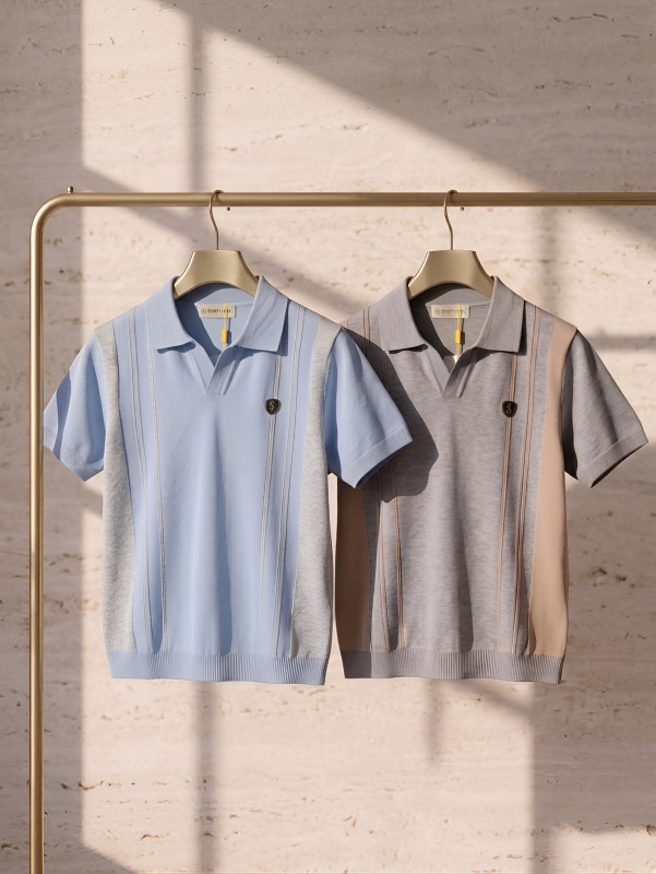 SHAFIN Men's Smart Casual Knitted Polo - Breathable Striped Knitwear two Piece Combo