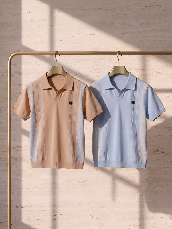 SHAFIN Men's Smart Casual Knitted Polo - Breathable Striped Knitwear two Piece Combo